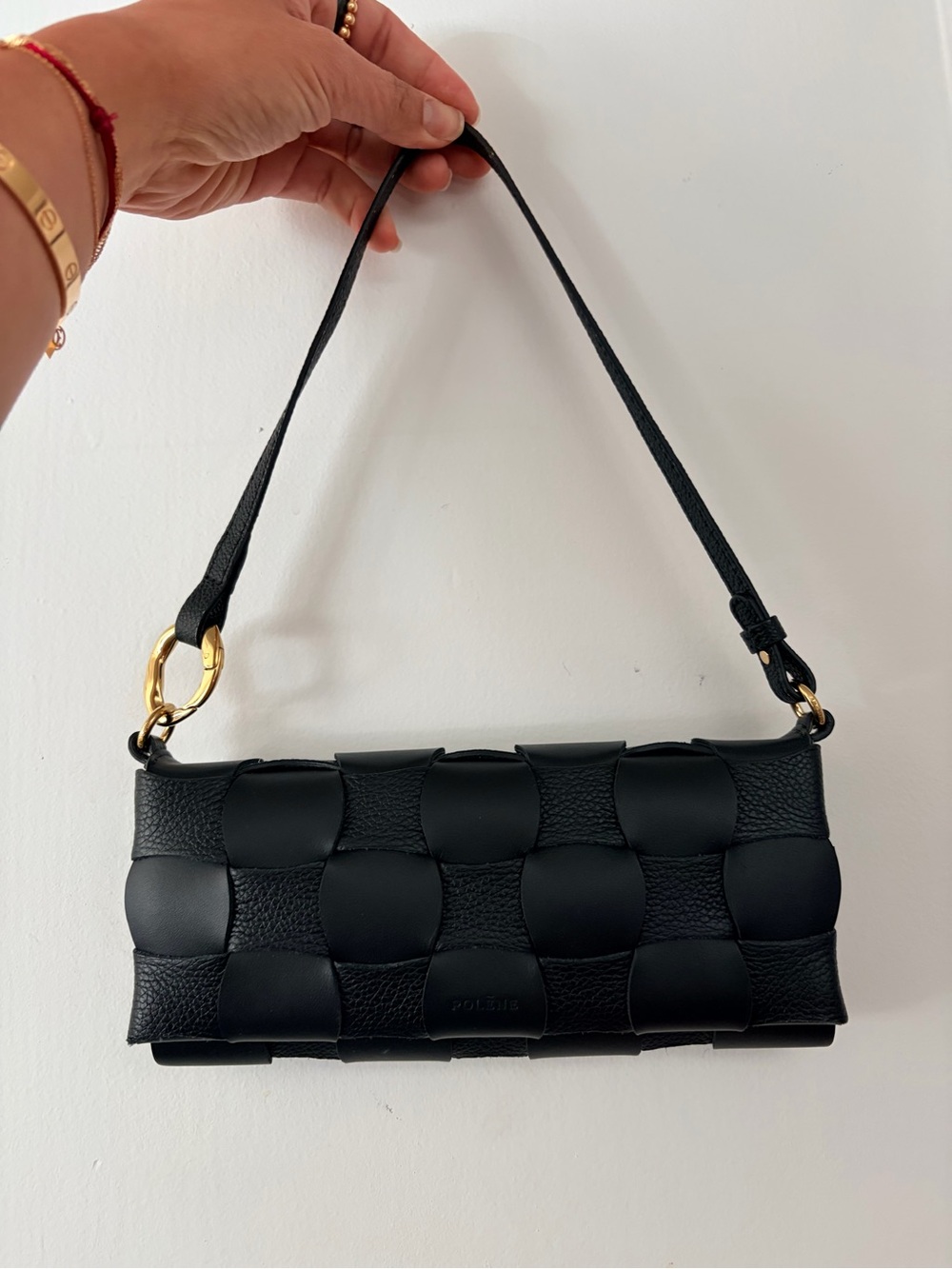 Polene Black Woven Leather Clutch with Gold Hardware